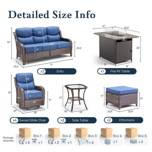 Luxury 6" Thick Cushioned 11 Pieces Patio Furniture Set with Fire Pit Table