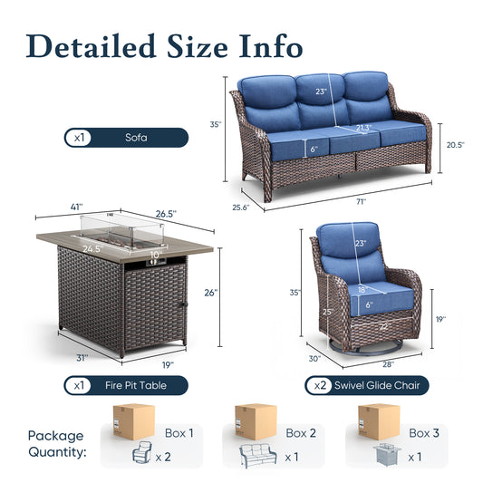 Luxury 6" Thick Cushioned 5 Pieces Patio Furniture Set with Fire Pit Table