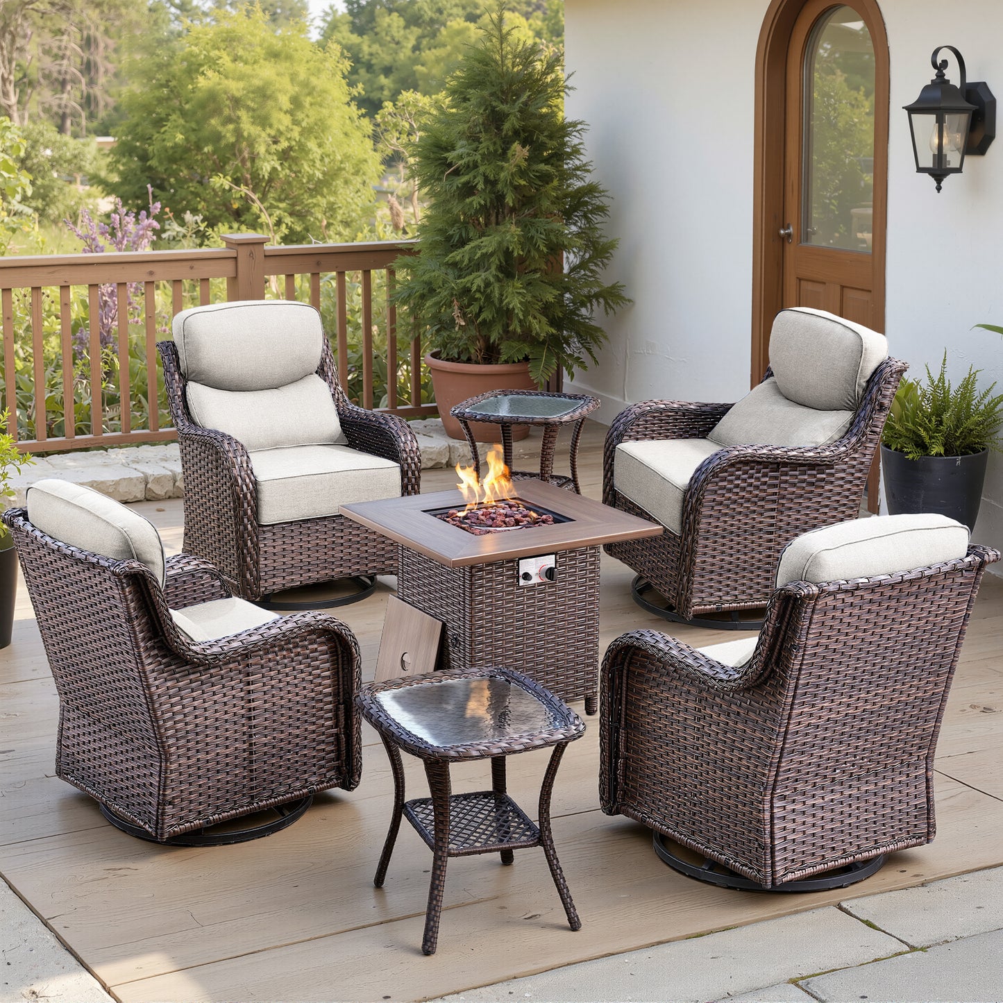 Luxury 6" Thick Cushioned Outdoor Swivel Rocker Chairs Set of 4 with Fire Pit Table