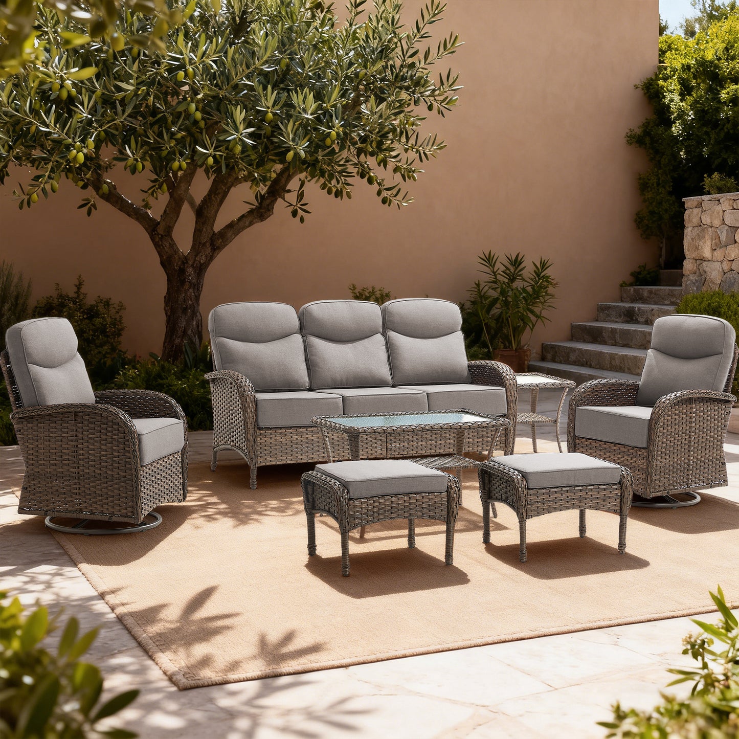 Upgraded 6“ Cushion Luxury Patio Furniture Set - 7 Piece Wicker Furniture Set