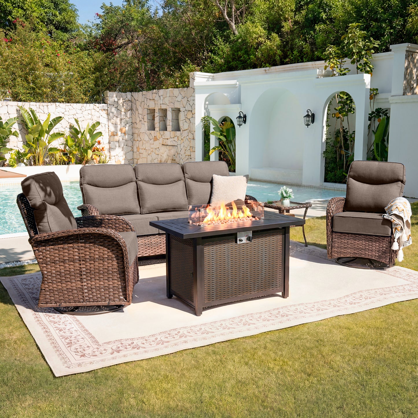 Upgraded 6“ Cushion Luxury 5 Piece Patio Furniture Set with Fire Pit Table