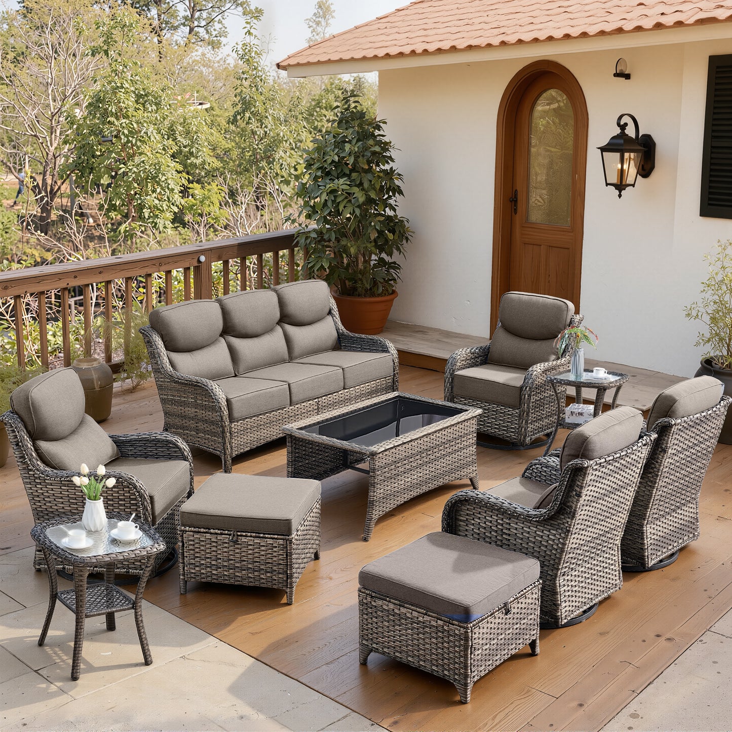 Luxury 6" Thick Cushioned 10 Pieces Patio Furniture Set with Outdoor Couch