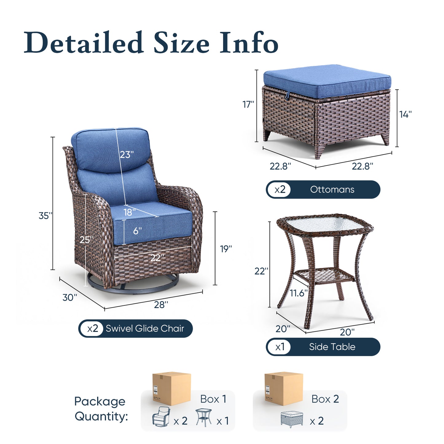Luxury 6" Thick Cushioned 5 Pieces Patio Furniture Set with 2 Ottomans