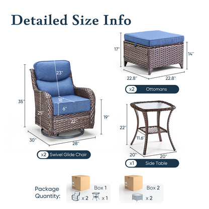 Luxury 6" Thick Cushioned 5 Pieces Patio Furniture Set with 2 Ottomans