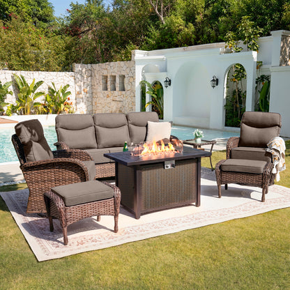 Upgraded 6“ Cushion Luxury 7 Piece Patio Furniture Set with Fire Pit Table