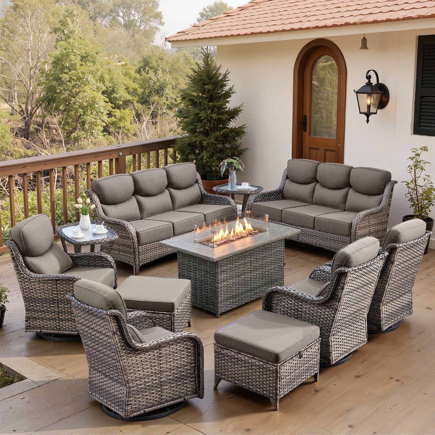 Luxury 6" Thick Cushioned 11 Pieces Patio Furniture Set with Fire Pit Table