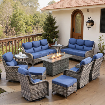 Luxury 6" Thick Cushioned 11 Pieces Patio Furniture Set with Fire Pit Table