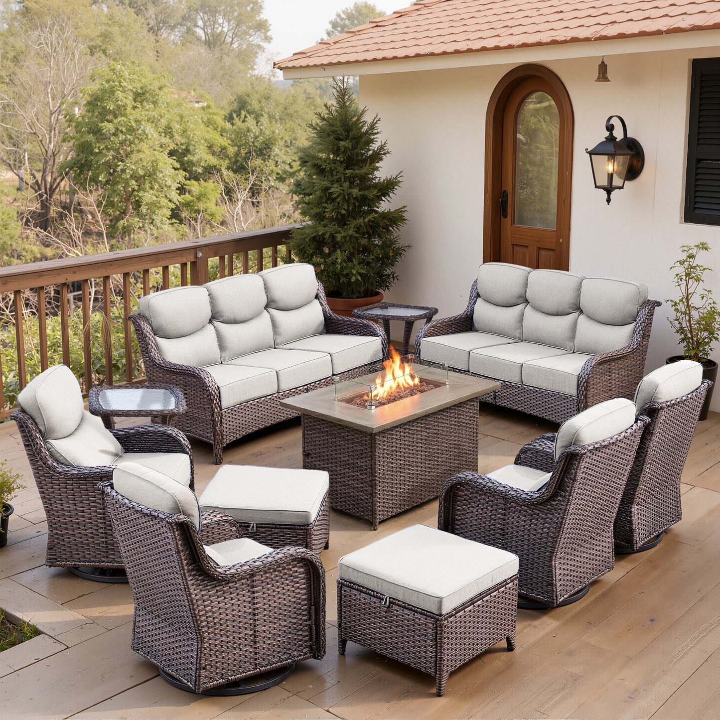 Luxury 6" Thick Cushioned 11 Pieces Patio Furniture Set with Fire Pit Table