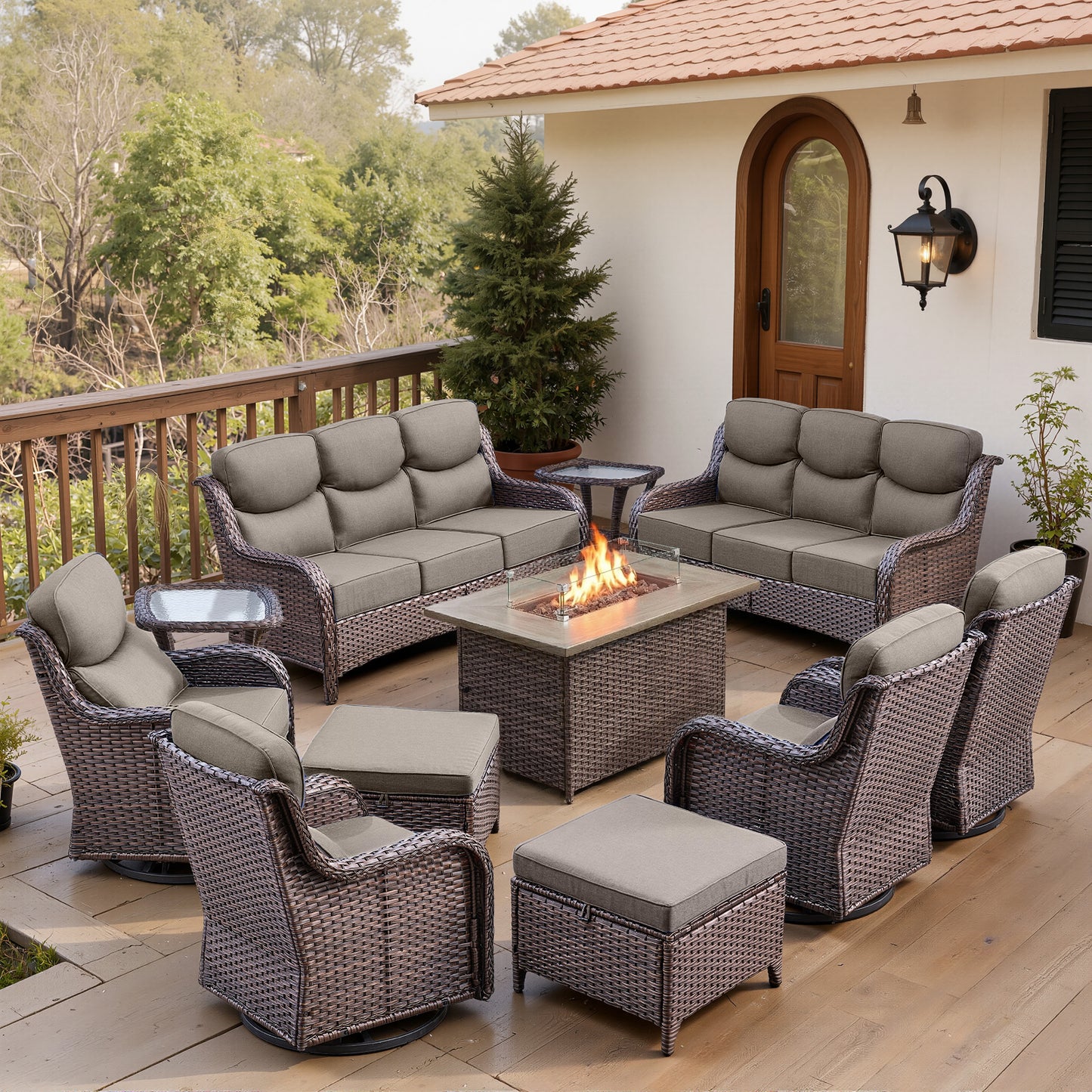 Luxury 6" Thick Cushioned 11 Pieces Patio Furniture Set with Fire Pit Table