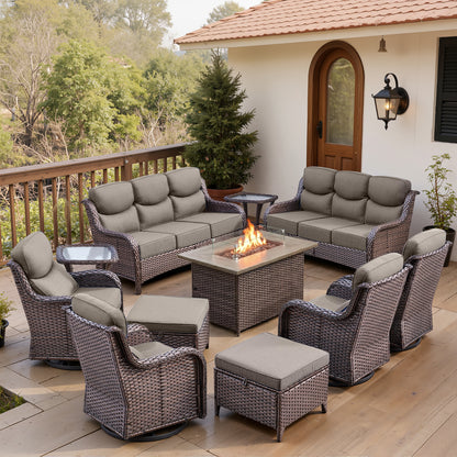 Luxury 6" Thick Cushioned 11 Pieces Patio Furniture Set with Fire Pit Table