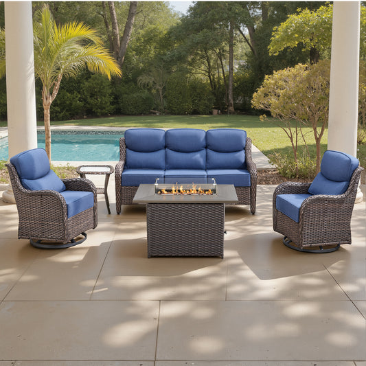 Luxury 6" Thick Cushioned 5 Pieces Patio Furniture Set with Fire Pit Table
