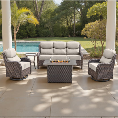 Luxury 6" Thick Cushioned 5 Pieces Patio Furniture Set with Fire Pit Table