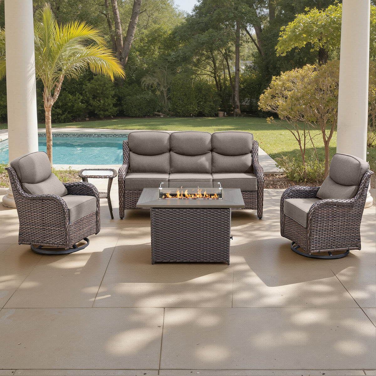 Luxury 6" Thick Cushioned 5 Pieces Patio Furniture Set with Fire Pit Table