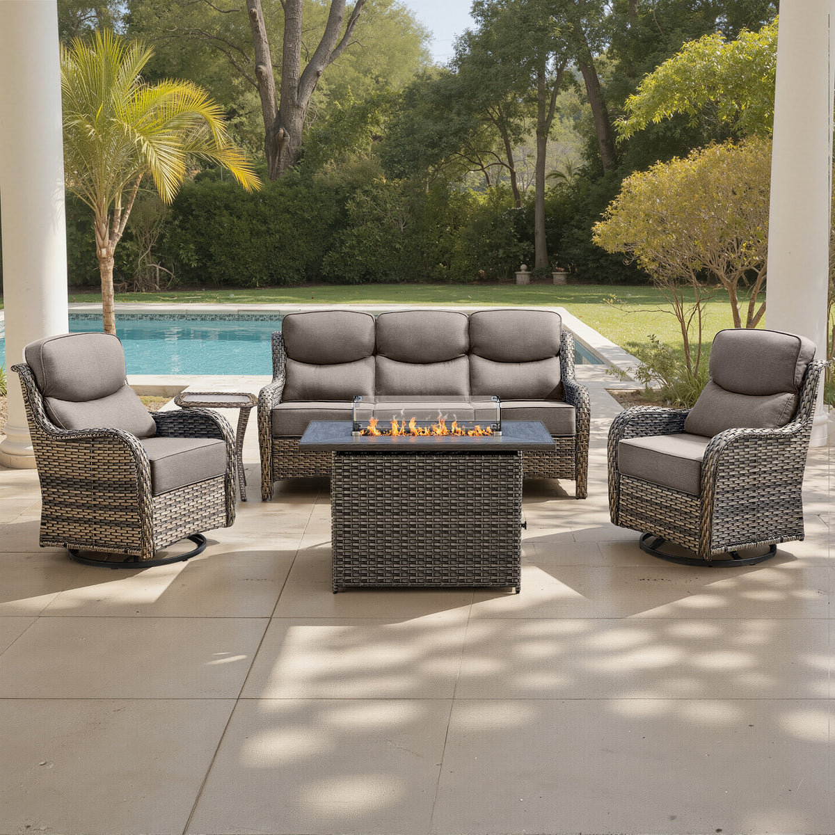 Luxury 6" Thick Cushioned 5 Pieces Patio Furniture Set with Fire Pit Table