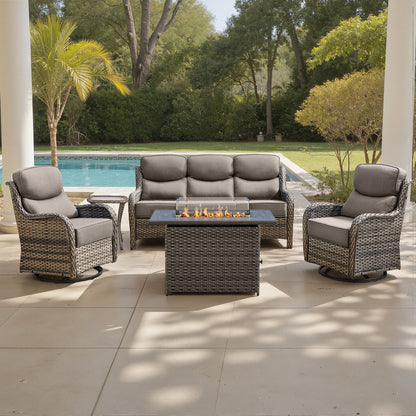 Luxury 6" Thick Cushioned 5 Pieces Patio Furniture Set with Fire Pit Table