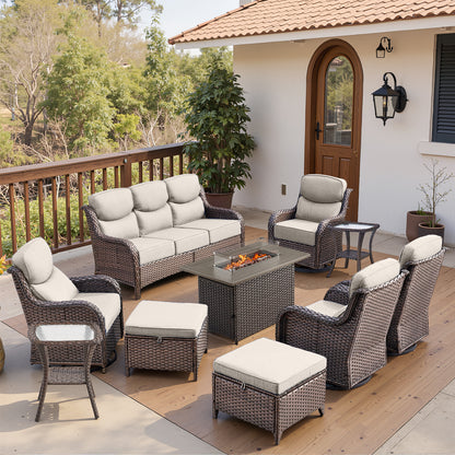 Luxury 6" Thick Cushioned 10 Pieces Patio Furniture Set with Fire Pit Table
