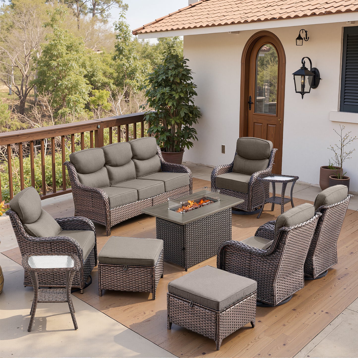 Luxury 6" Thick Cushioned 10 Pieces Patio Furniture Set with Fire Pit Table
