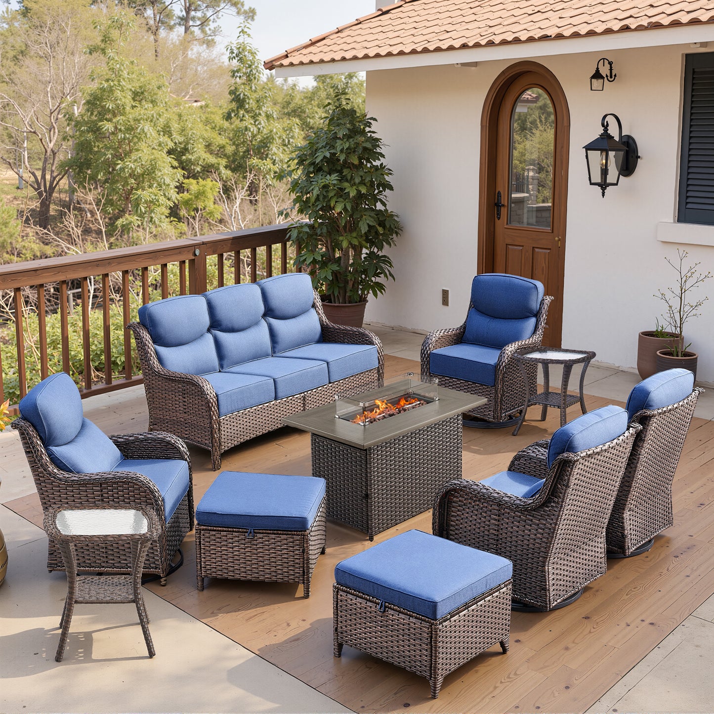 Luxury 6" Thick Cushioned 10 Pieces Patio Furniture Set with Fire Pit Table