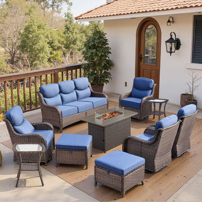 Luxury 6" Thick Cushioned 10 Pieces Patio Furniture Set with Fire Pit Table