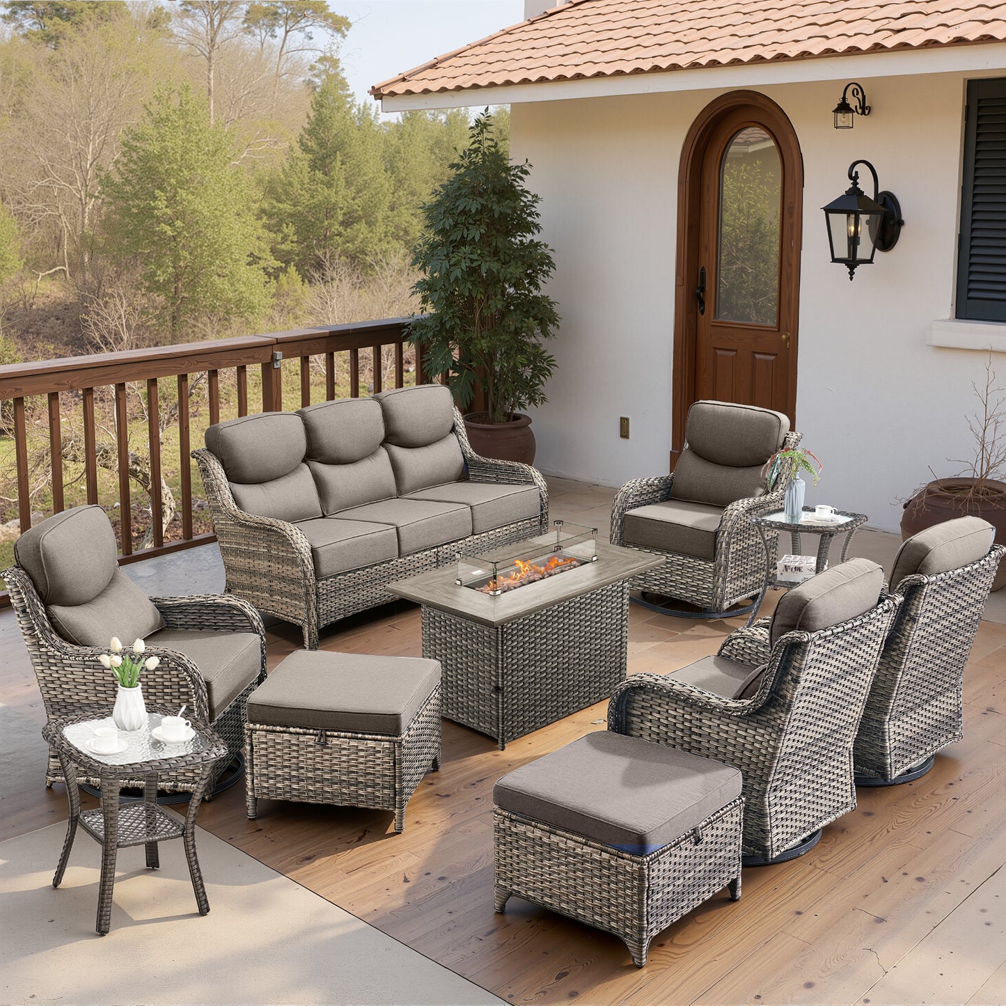 Luxury 6" Thick Cushioned 10 Pieces Patio Furniture Set with Fire Pit Table