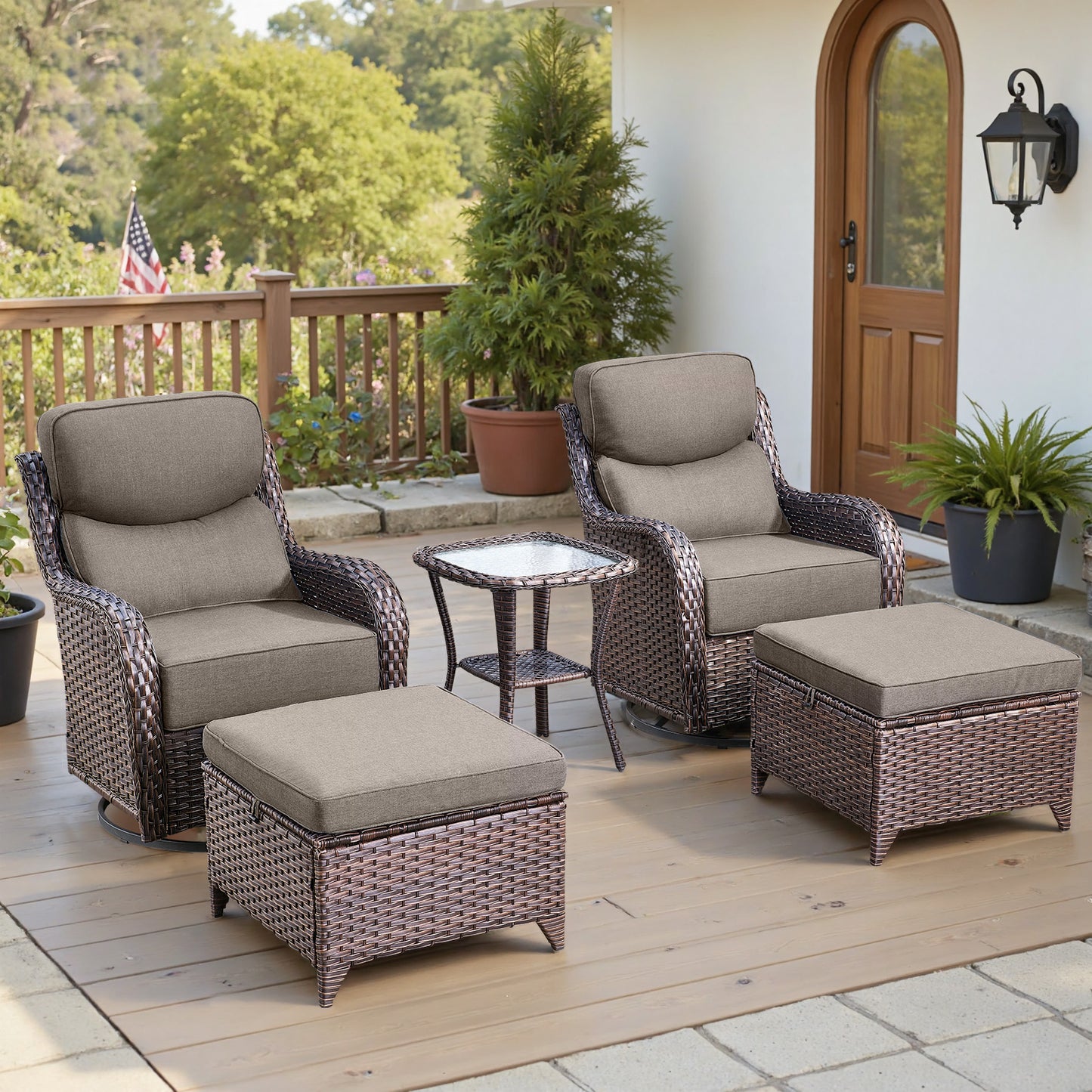 Luxury 6" Thick Cushioned 5 Pieces Patio Furniture Set with 2 Ottomans