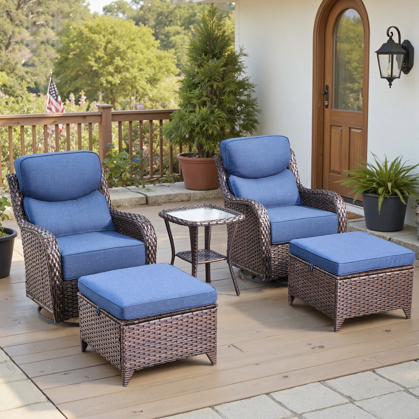 Luxury 6" Thick Cushioned 5 Pieces Patio Furniture Set with 2 Ottomans