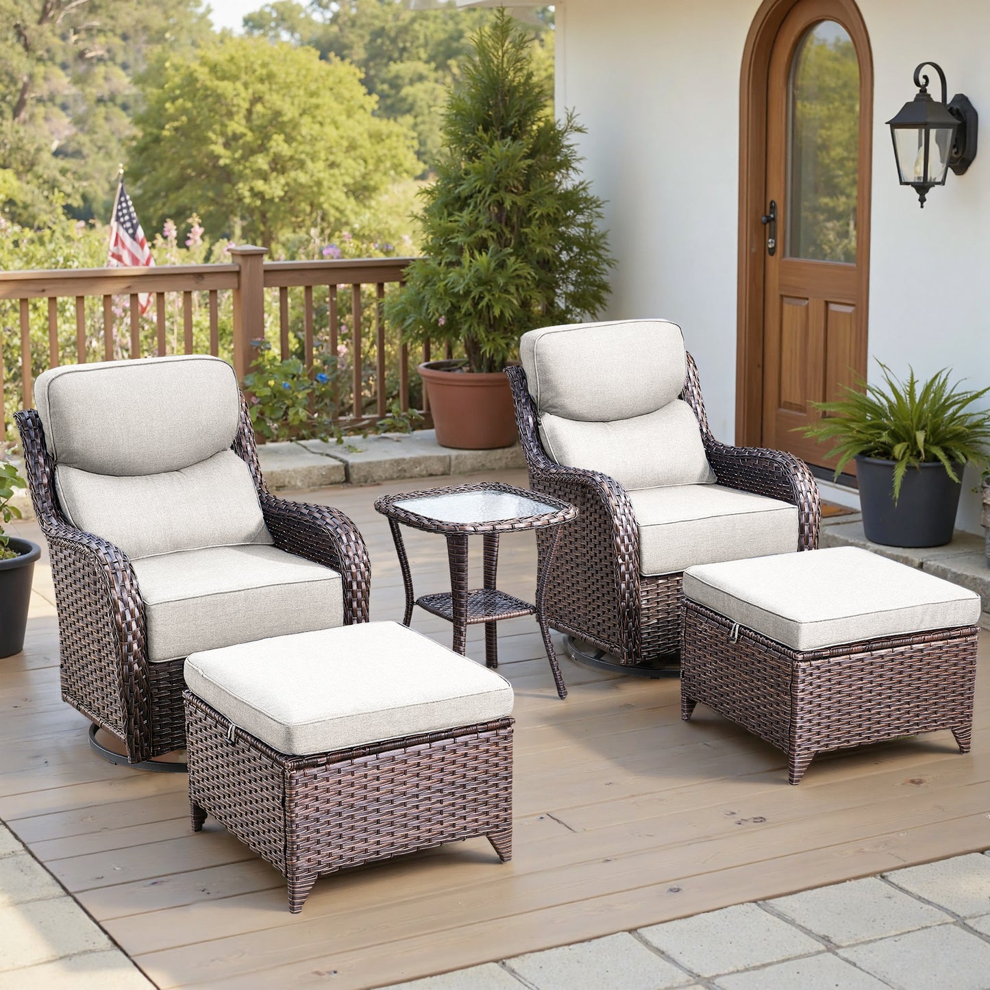 Luxury 6" Thick Cushioned 5 Pieces Patio Furniture Set with 2 Ottomans