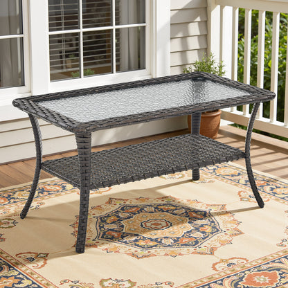 Outdoor Wicker Patio Coffee Table with Double Storage