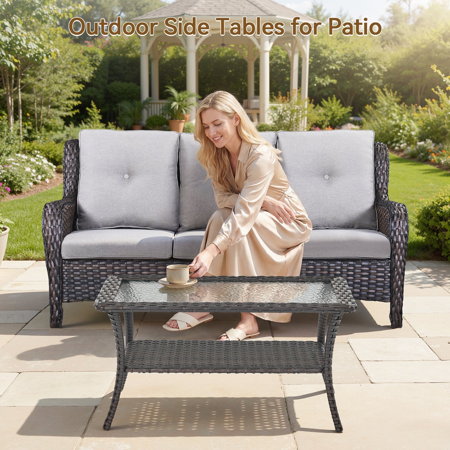 Outdoor Wicker Patio Coffee Table with Double Storage