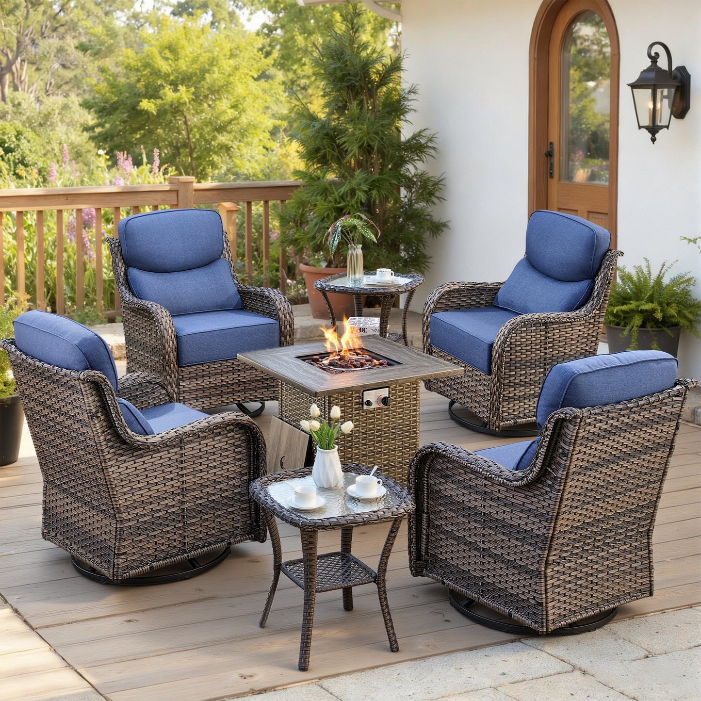 Luxury 6" Thick Cushioned Outdoor Swivel Rocker Chairs Set of 4 with Fire Pit Table