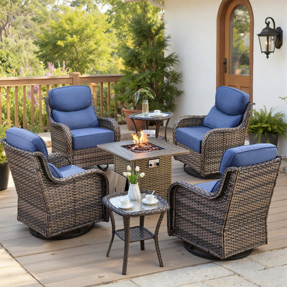 Luxury 6" Thick Cushioned Outdoor Swivel Rocker Chairs Set of 4 with Fire Pit Table