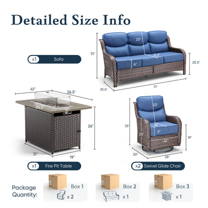 Luxury 6" Thick Cushioned 5 Pieces Patio Furniture Set with Fire Pit Table