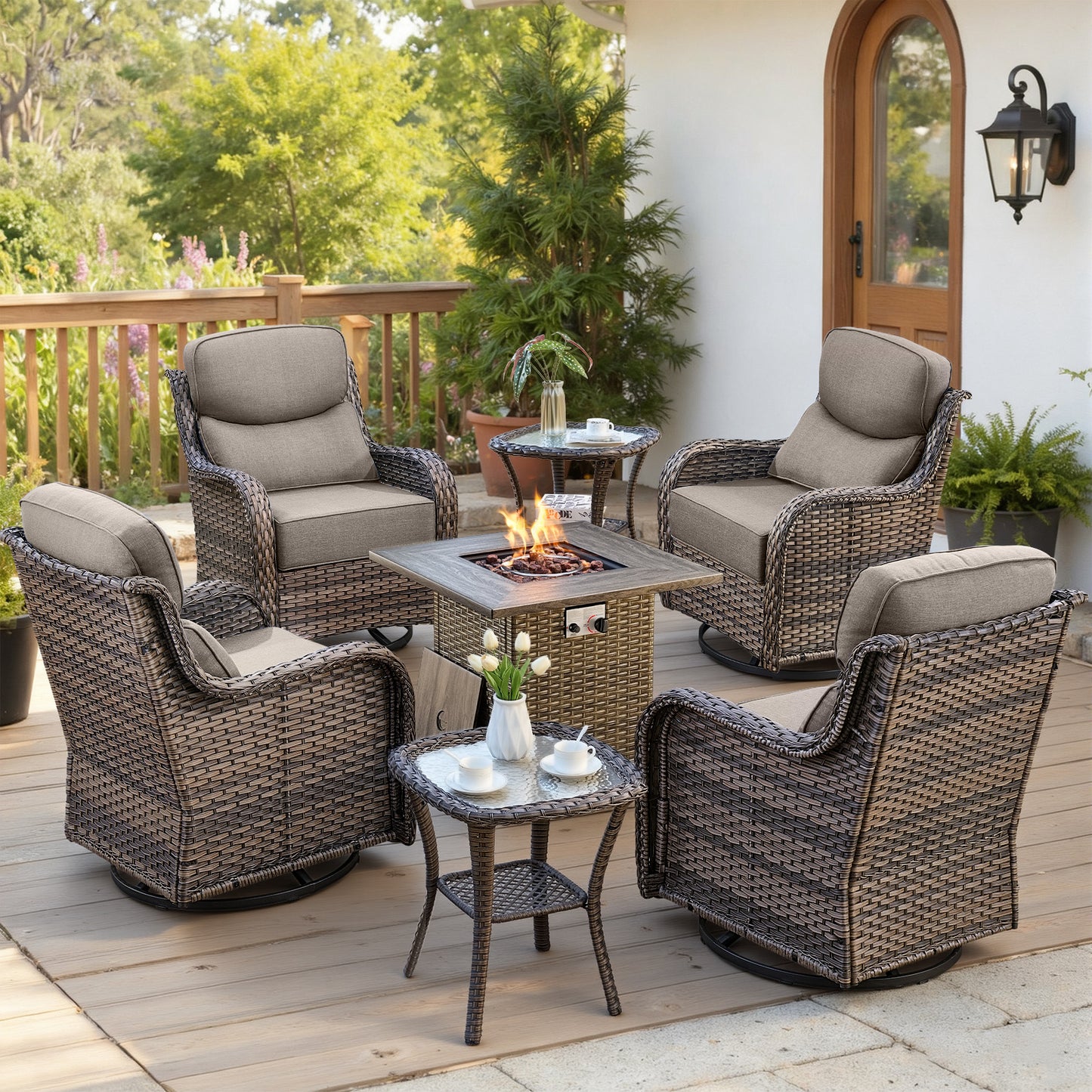 Luxury 6" Thick Cushioned Outdoor Swivel Rocker Chairs Set of 4 with Fire Pit Table