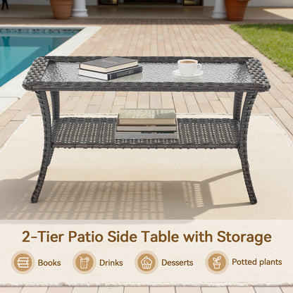 Outdoor Wicker Patio Coffee Table with Double Storage