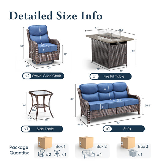 Luxury 6" Thick Cushioned 5 Pieces Patio Furniture Set with Fire Pit Table