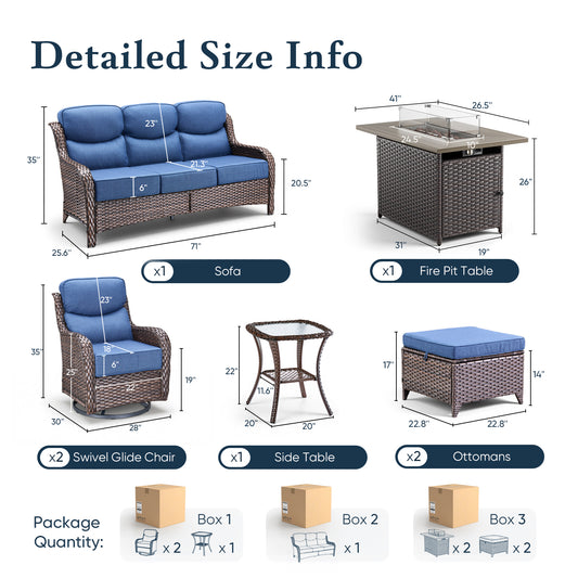 Luxury 6" Thick Cushioned 7 Pieces Patio Furniture Set with Fire Pit Table