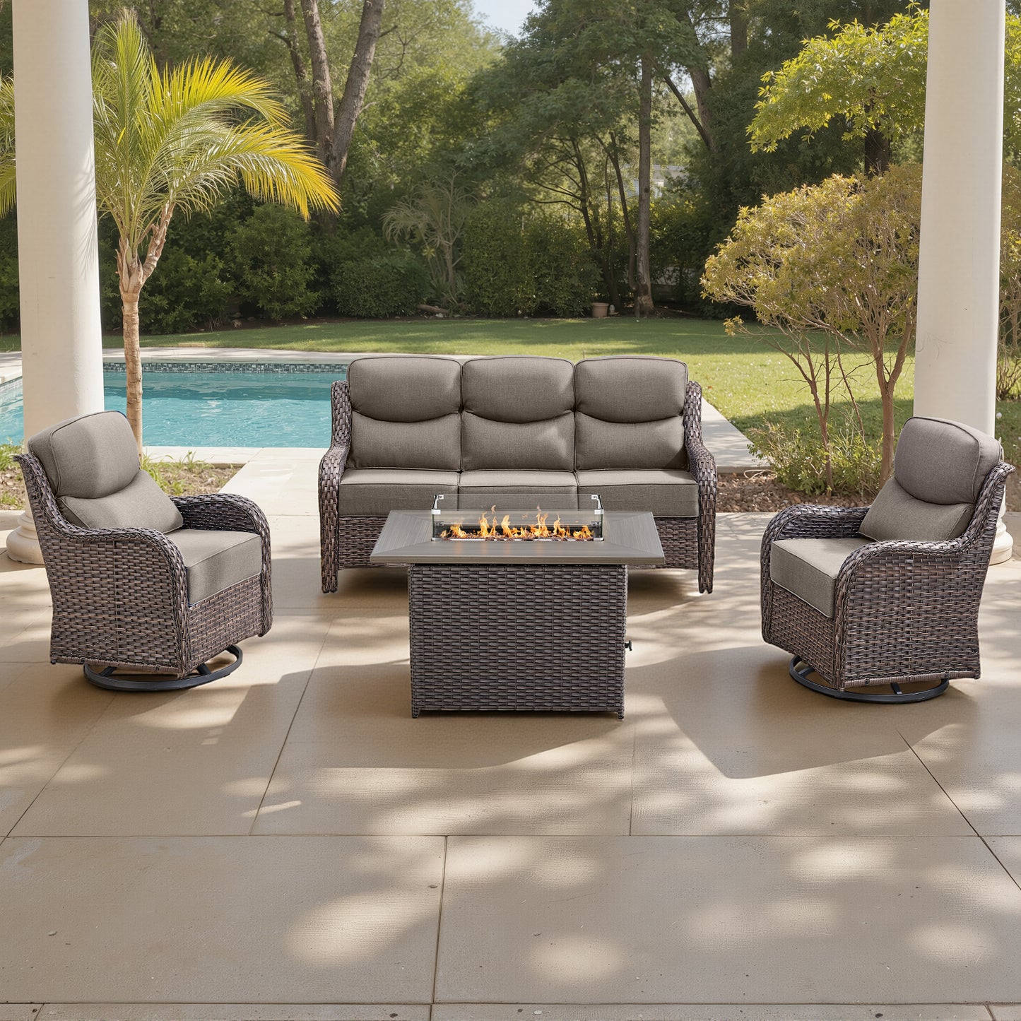 Luxury 6" Thick Cushioned 5 Pieces Patio Furniture Set with Fire Pit Table