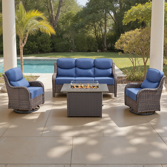 Luxury 6" Thick Cushioned 5 Pieces Patio Furniture Set with Fire Pit Table