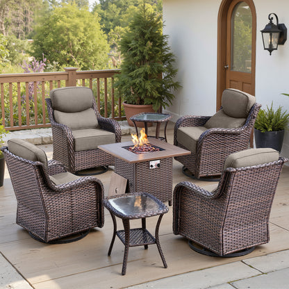 Luxury 6" Thick Cushioned Outdoor Swivel Rocker Chairs Set of 4 with Fire Pit Table
