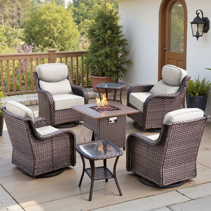 Luxury 6" Thick Cushioned Outdoor Swivel Rocker Chairs Set of 4 with Fire Pit Table