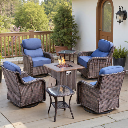 Luxury 6" Thick Cushioned Outdoor Swivel Rocker Chairs Set of 4 with Fire Pit Table