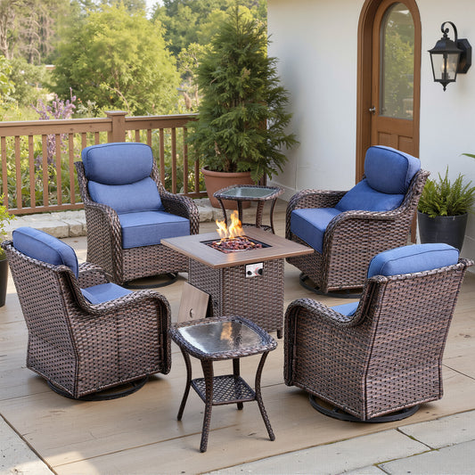 Luxury 6" Thick Cushioned Outdoor Swivel Rocker Chairs Set of 4 with Fire Pit Table