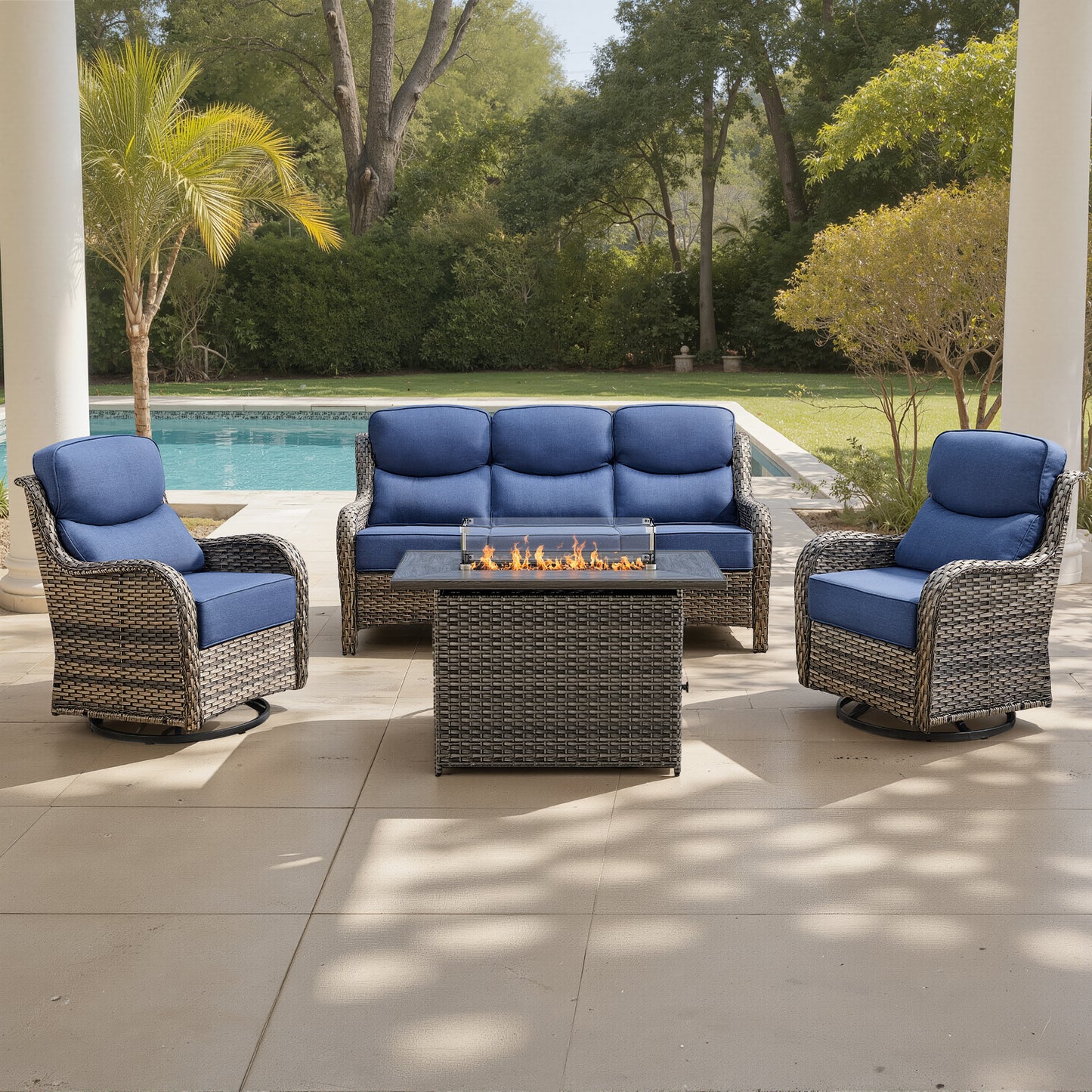 Luxury 6" Thick Cushioned 5 Pieces Patio Furniture Set with Fire Pit Table