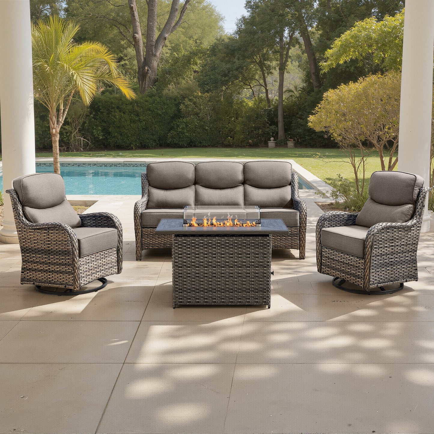 Luxury 6" Thick Cushioned 5 Pieces Patio Furniture Set with Fire Pit Table