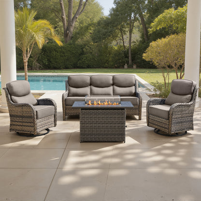 Luxury 6" Thick Cushioned 5 Pieces Patio Furniture Set with Fire Pit Table