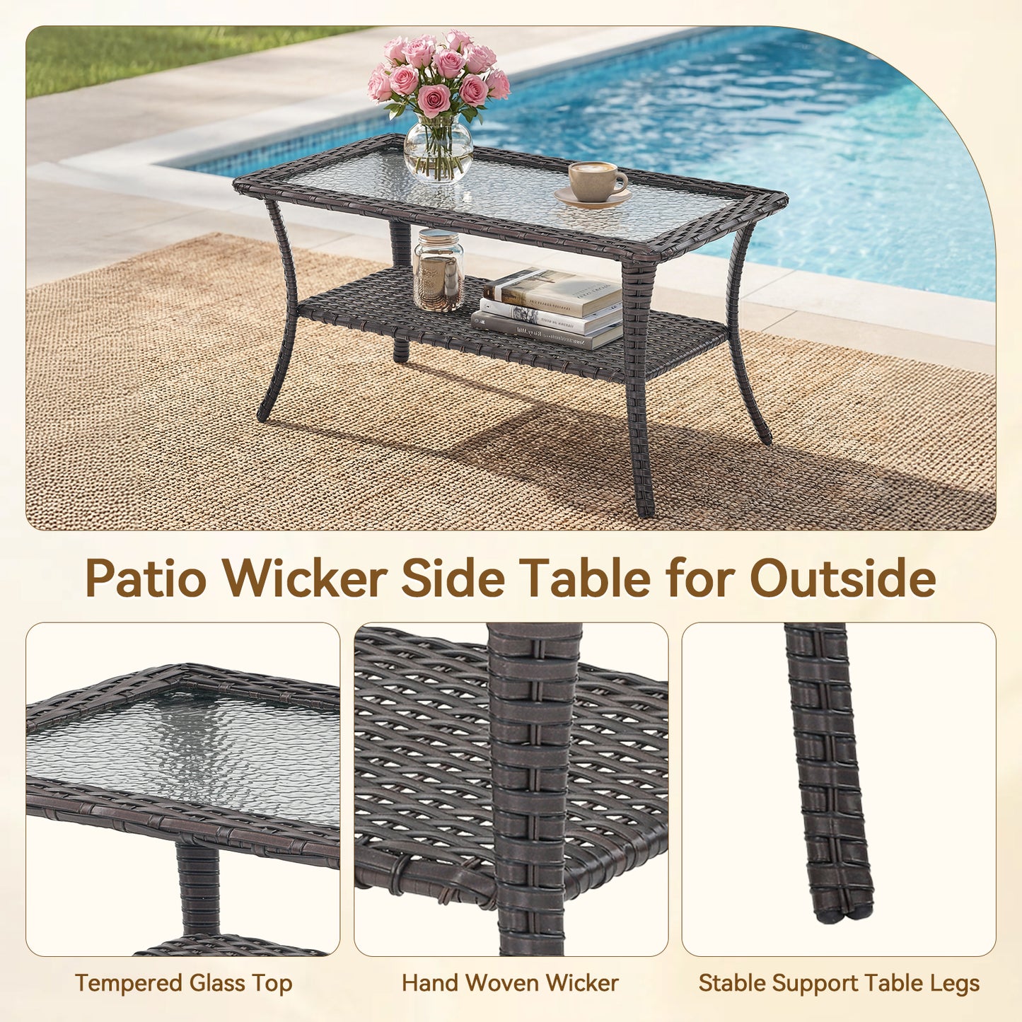 Outdoor Wicker Patio Coffee Table with Double Storage