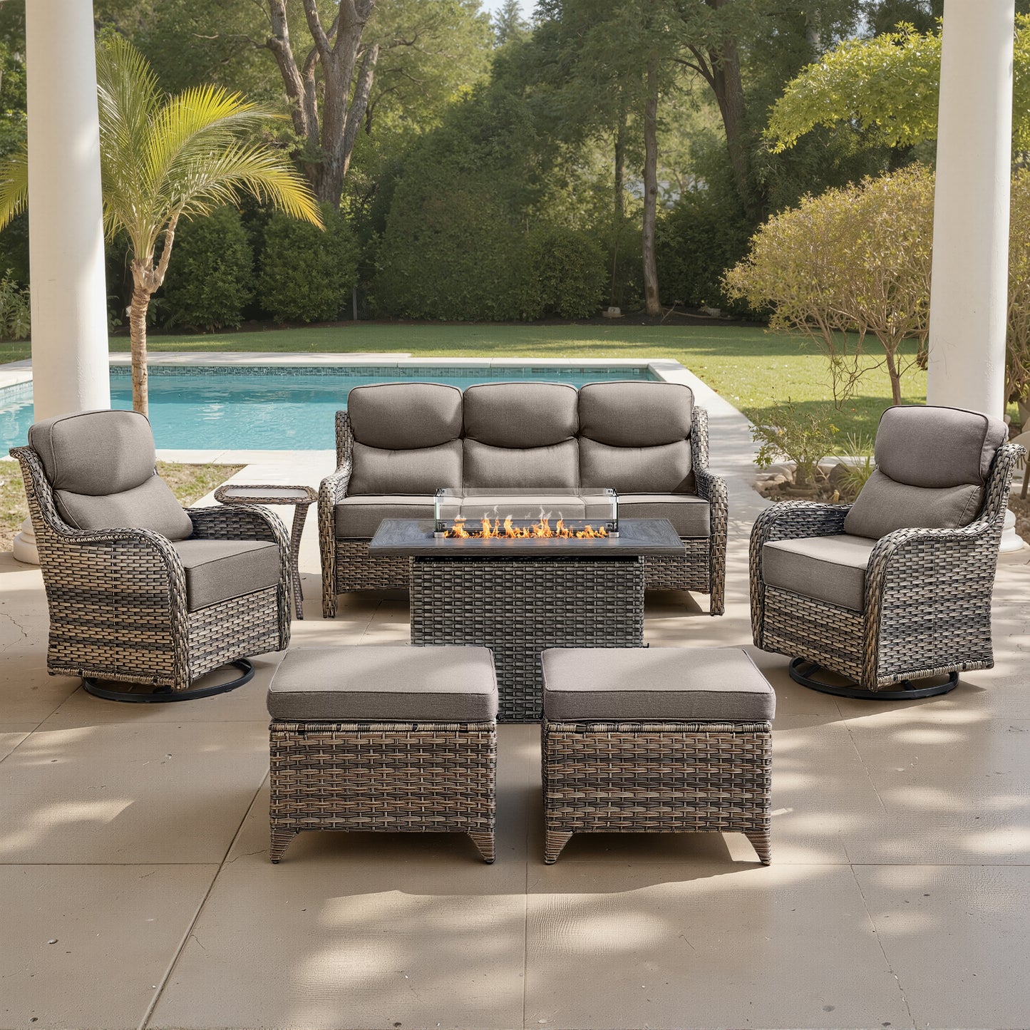 Luxury 6" Thick Cushioned 7 Pieces Patio Furniture Set with Fire Pit Table