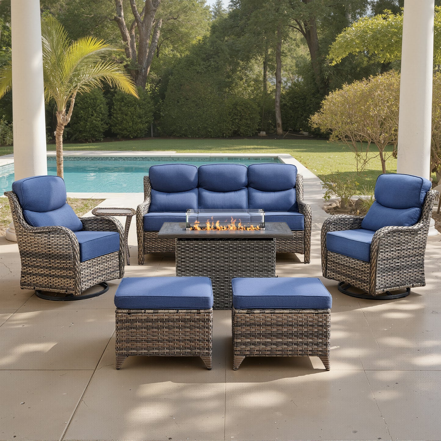 Luxury 6" Thick Cushioned 7 Pieces Patio Furniture Set with Fire Pit Table