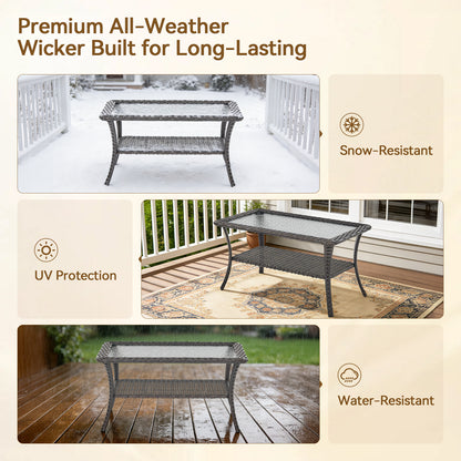 Outdoor Wicker Patio Coffee Table with Double Storage