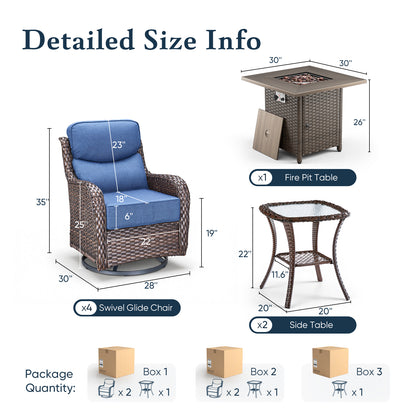 Luxury 6" Thick Cushioned Outdoor Swivel Rocker Chairs Set of 4 with Fire Pit Table
